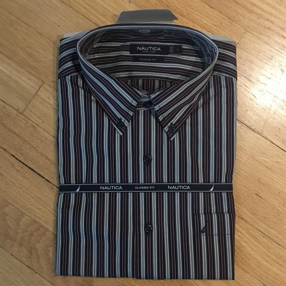 Nautica Men's Button-Down Multi-Stripe Shirt in Black, Brown, Blue,Red and White